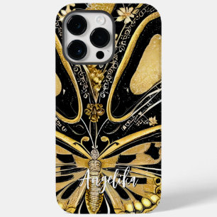 Funda Para iPhone 14 Pro Max De Case-Mate Nombre personalizado de las mariposas negra y dora