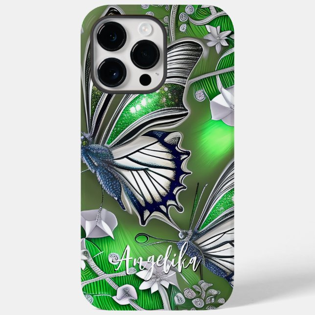 Funda De Case-Mate Para iPhone Nombre personalizado de mariposas verdes y platead (Reverso )