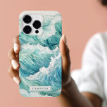Funda Para iPhone 14 Pro Max De Case-Mate Nombre personalizado de ondas azul de color azul<br><div class="desc">Estuche para iPhone con una pintura acuarela de olas oceánicas.</div>