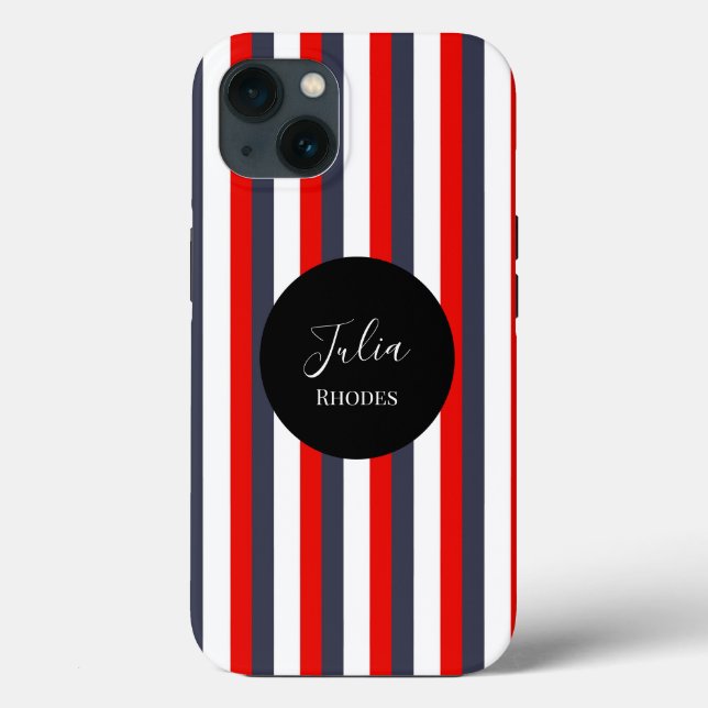 Funda De Case-Mate Para iPhone Nombre personalizado de rayas rojas, blancas y azu (Reverso )