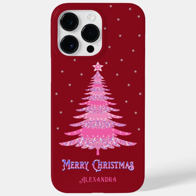 Funda De Case-Mate Para iPhone Nombre personalizado del árbol de Navidad rosa roj (Reverso)
