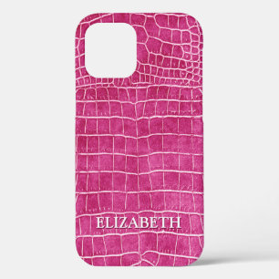Funda Para iPhone 12 Nombre personalizado del cuero crocodrilo rosa cal