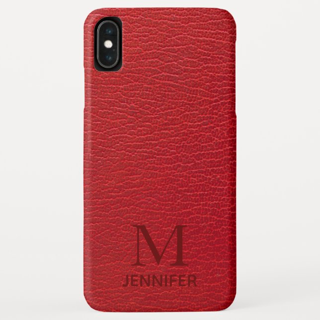 Funda De Case-Mate Para iPhone Nombre personalizado del monograma de cuero rojo t (Reverso)