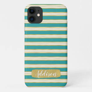 Funda Para iPhone 11 Nombre personalizado del patrón Aqua Blue Gold Str