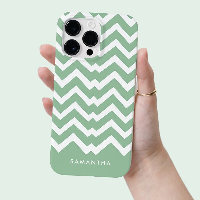 Funda De Case-Mate Para iPhone Nombre personalizado del patrón de cheurón verde m (Modern Green Chevron Pattern Personalized Name Case-Mate iPhone Case)
