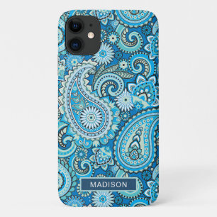 Funda Para iPhone 11 Nombre personalizado del patrón de paisley azul mo