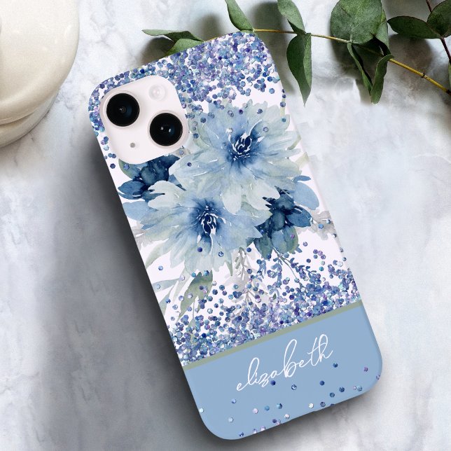 Funda De Case-Mate Para iPhone Nombre personalizado del Purpurina floral azul per (Subido por el creador)