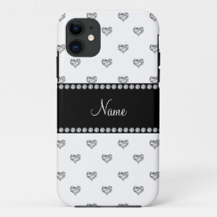 Funda Para iPhone 11 Nombre personalizado diamantes de corazón blanco b