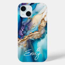 Funda Para iPhone 15 Nombre Personalizado Elegante Mármol Azul Dorado M