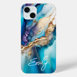 Funda Para iPhone 15 Mini Nombre Personalizado Elegante Mármol Azul Dorado M