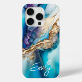 Funda Para iPhone 15 Pro Nombre Personalizado Elegante Mármol Azul Dorado M