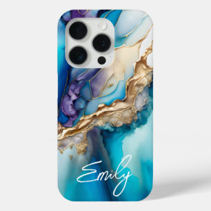 Funda Para iPhone 15 Pro Nombre Personalizado Elegante Mármol Azul Dorado M