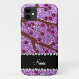 Funda Para iPhone 11 Nombre personalizado flor de cerezo purpurina mora