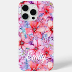 Funda Para iPhone 15 Pro Max Nombre personalizado floral acuarela rosa púrpura