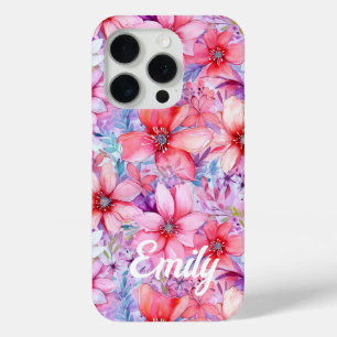 Funda Para iPhone 15 Pro Nombre personalizado floral acuarela rosa púrpura