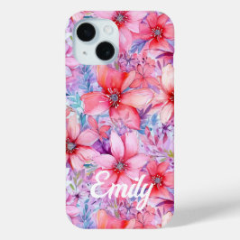 Funda Para iPhone 15 Nombre personalizado floral de acuarela rosa púrpu