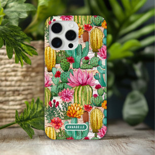 Funda Para iPhone 15 Pro Max Nombre Personalizado Floral de Cactus Colorido Pre