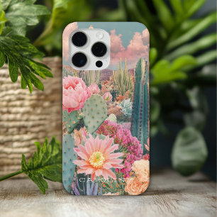 Funda Para iPhone 15 Pro Max Nombre Personalizado Floral de Cactus del Desierto