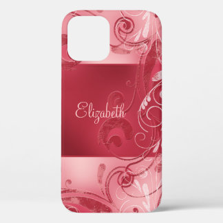 Funda Para iPhone 12 Nombre personalizado floral de resumen rosado rojo
