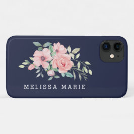 Funda Para iPhone 11 Nombre Personalizado Floral Rubor Azul Marino