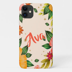 Funda Para iPhone 11 Nombre personalizado floral tropical primaveral