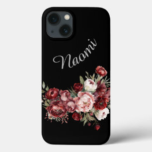 Funda Para iPhone 13 Nombre personalizado Flores de Borgoña