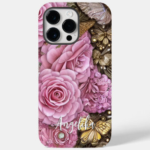 Funda Para iPhone 14 Pro Max De Case-Mate Nombre Personalizado Flores Rosadas Mariposas Dora