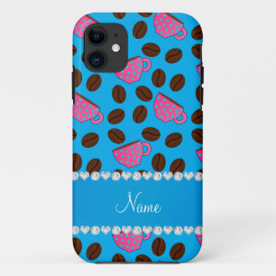 Funda Para iPhone 11 Nombre personalizado granos de café rosa azul ciel