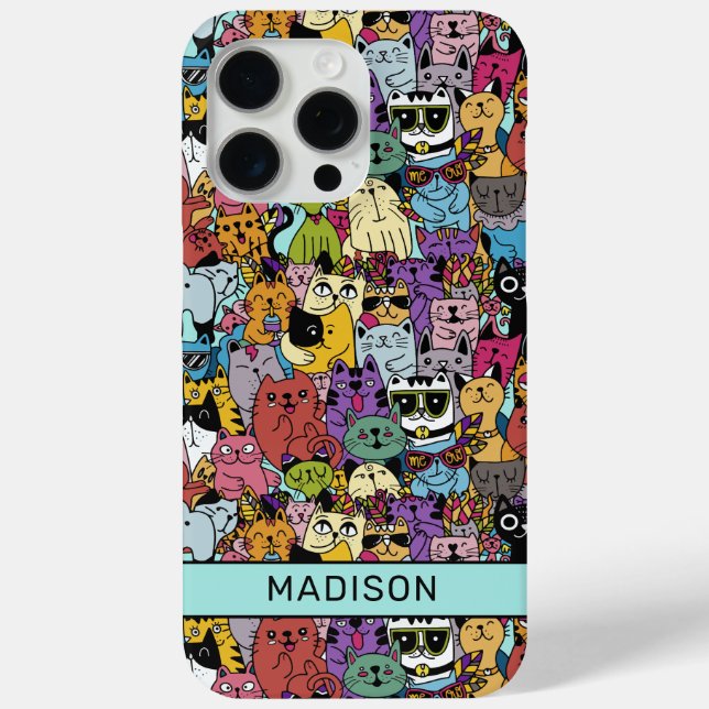 Funda De Case-Mate Para iPhone Nombre personalizado Ilustracion de gatos divertid (Reverso )