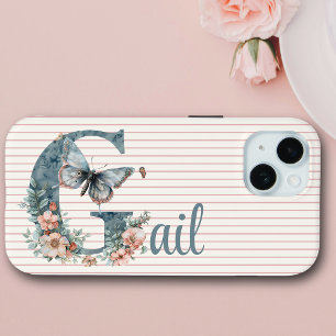 Funda Para iPhone 15 Nombre personalizado   Inicial Botánico   Azul mar