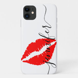 Funda Para iPhone 11 Nombre personalizado, labios rojo script, blanco/n