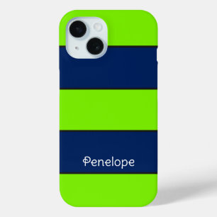 Funda Para iPhone 15 Nombre personalizado Lime Green Dark Stripes azule