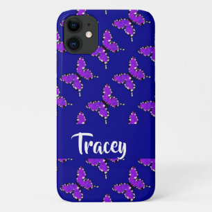 Funda Para iPhone 11 Nombre personalizado mariposa patrón azul