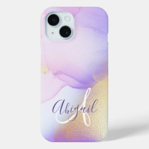 Funda Para iPhone 15 Nombre personalizado Monograma color de agua púrpu