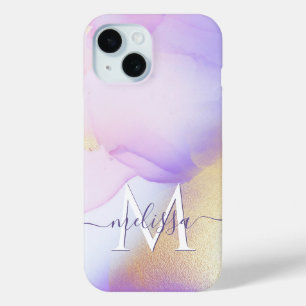 Funda Para iPhone 15 Nombre personalizado Monograma color de agua púrpu