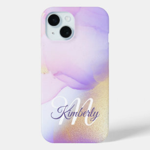 Funda Para iPhone 15 Nombre personalizado Monograma color de agua púrpu