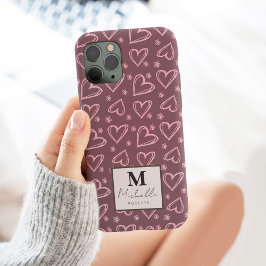 Funda Para iPhone 13 Pro Max Nombre personalizado Monograma Corazones de Doodle