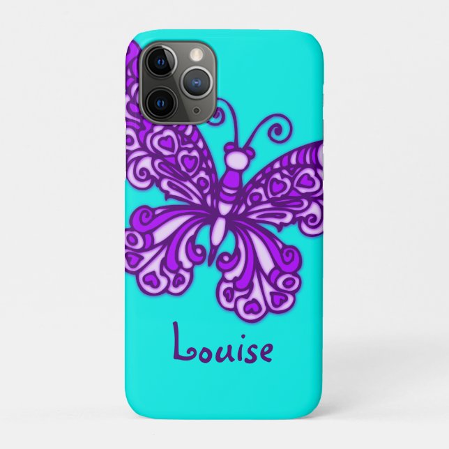 Funda De Case-Mate Para iPhone Nombre personalizado morado de mariposa estilizada (Reverso)