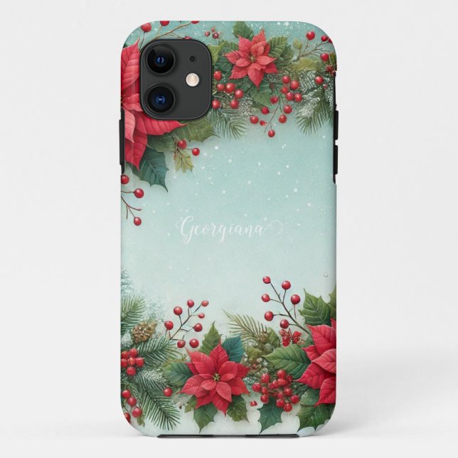 Funda De Case-Mate Para iPhone Nombre personalizado Navidades acuarela floral Poi (Reverso)