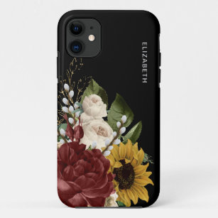 Funda Para iPhone 11 Nombre personalizado negro vintage floral rústico