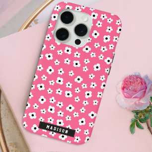 Funda Para iPhone 15 Pro Nombre personalizado Patrón de flor blanca rosada
