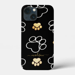 Funda Para iPhone 13 Mini Nombre Personalizado Pawprint Moderno Negro Y Oro