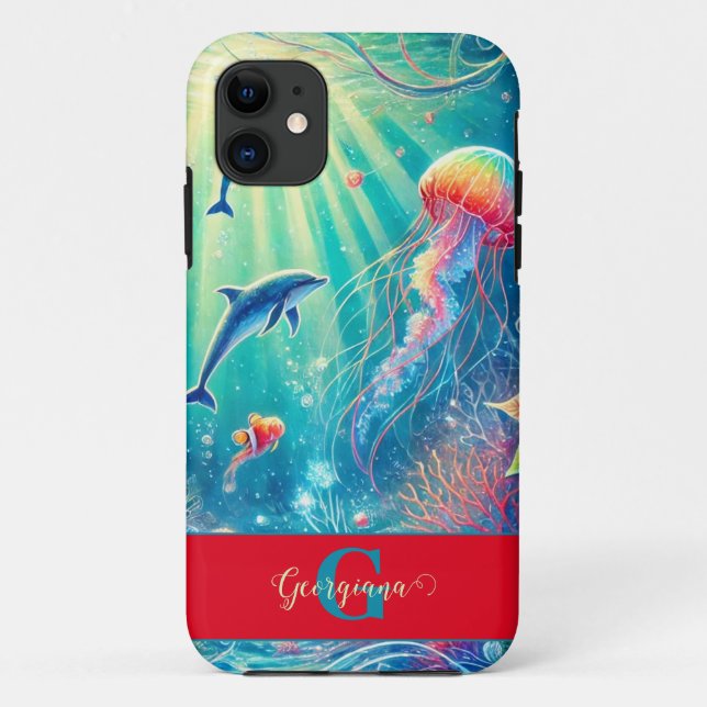 Funda De Case-Mate Para iPhone Nombre personalizado Poinsettia de arrecife floral (Reverso)