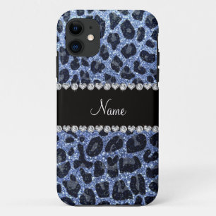 Funda Para iPhone 11 Nombre personalizado purpurina azul claro leopardo