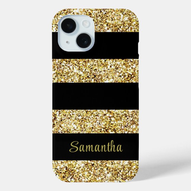 Funda De Case-Mate Para iPhone Nombre personalizado Purpurina de oro Bandas negra (Reverso )
