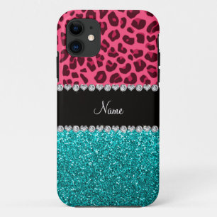 Funda Para iPhone 11 Nombre personalizado purpurina turquesa de leopard