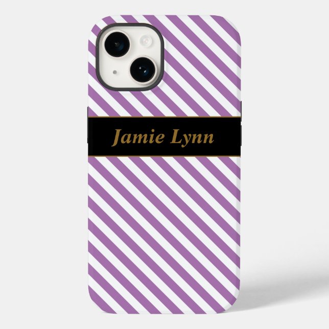 Funda De Case-Mate Para iPhone Nombre personalizado Rayas moradas/blancas (Reverso )