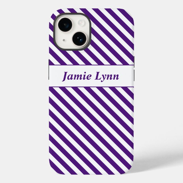 Funda De Case-Mate Para iPhone Nombre personalizado Rayas moradas/blancas (Reverso )