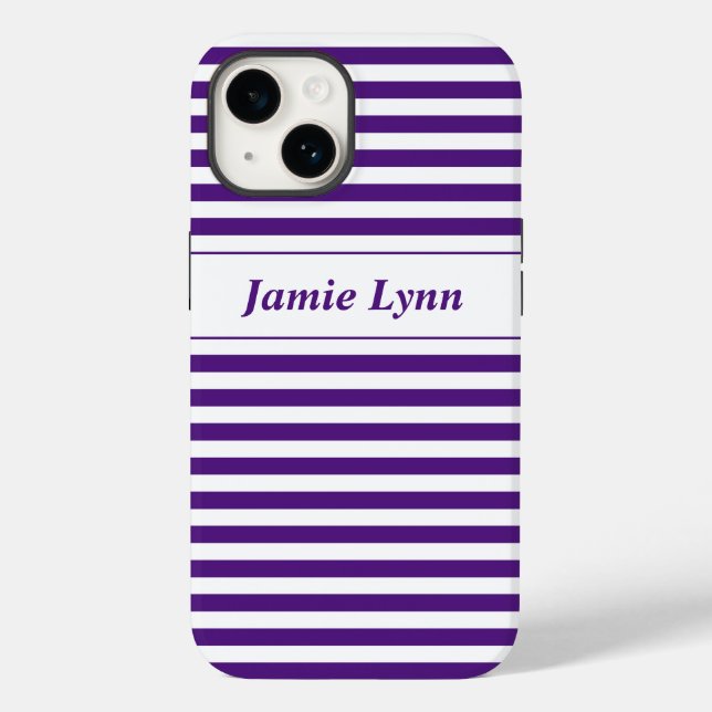 Funda De Case-Mate Para iPhone Nombre personalizado Rayas moradas/blancas (Reverso )