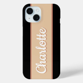 Funda Para iPhone 15 Nombre personalizado Retro Stripe Beige Negro